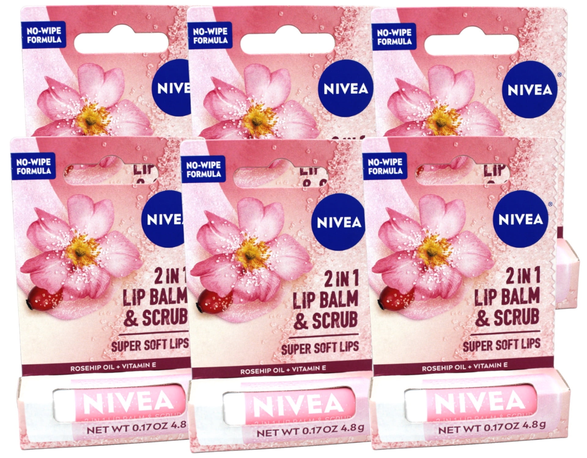 6 Pack - Nivea 2in1 Lip Balm & Scrub Super Soft Lips, Rosehip Oil + Vitamin E, 0.17 oz (4.8 g)