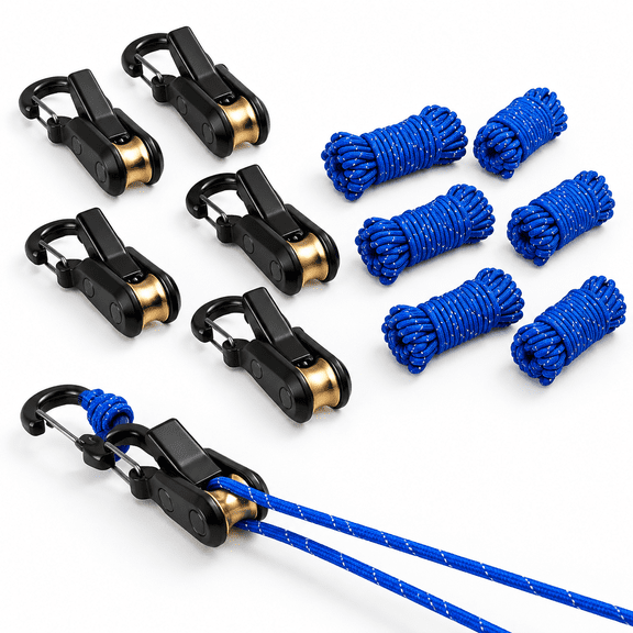 6-Pack No-Knot Rope Tie Downs With Roller Tensioners For Camping And Outdoor Use