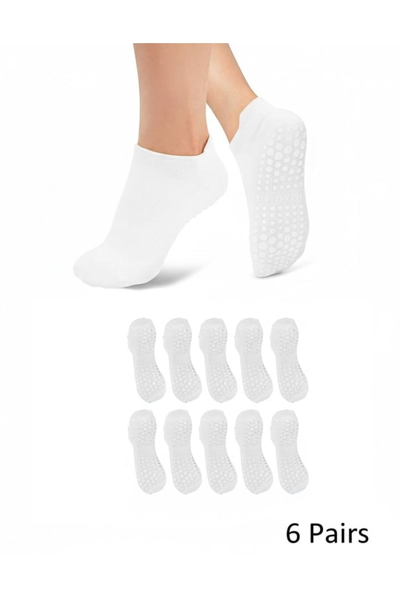 6-Pack Non-Slip Grip Socks for Women - Multi-Surface Traction for Yoga, Pilates & Hospital Use