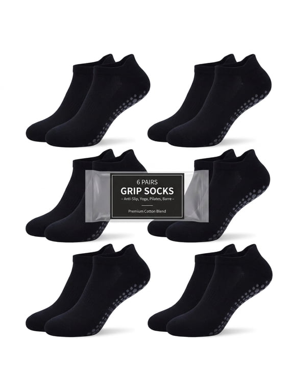 6-Pack Non-Slip Grip Socks for Women - Multi-Surface Traction for Yoga, Pilates & Hospital Use