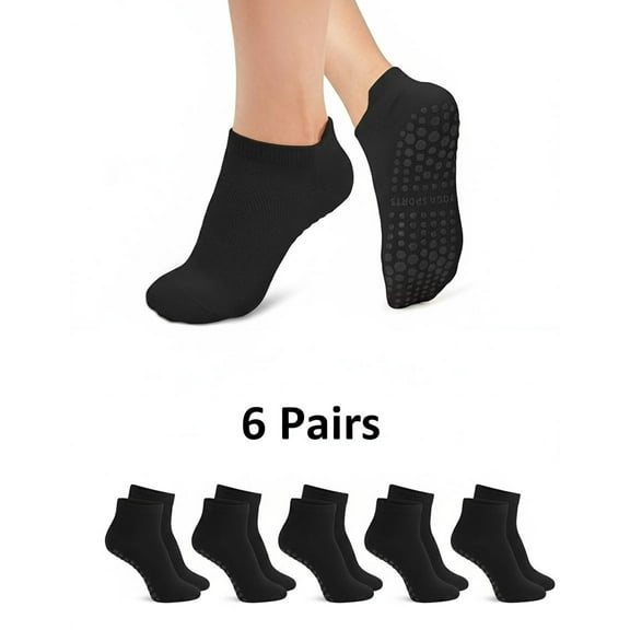 6-Pack Non-Slip Grip Socks for Women - Multi-Surface Traction for Yoga, Pilates & Hospital Use