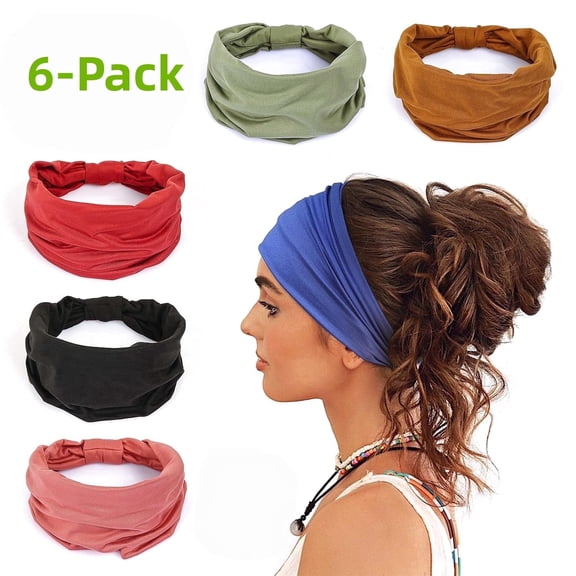 6-Pack Non Slip Headbands for Women, Soft Elastic Sports Yoga Hair Bands for Workout & Running, Boho Knotted Turban Headwraps