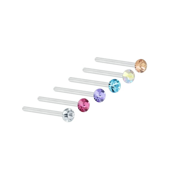 6 Pack Nose Studs 925 Sterling Silver with 2mm Multi Color Crystals