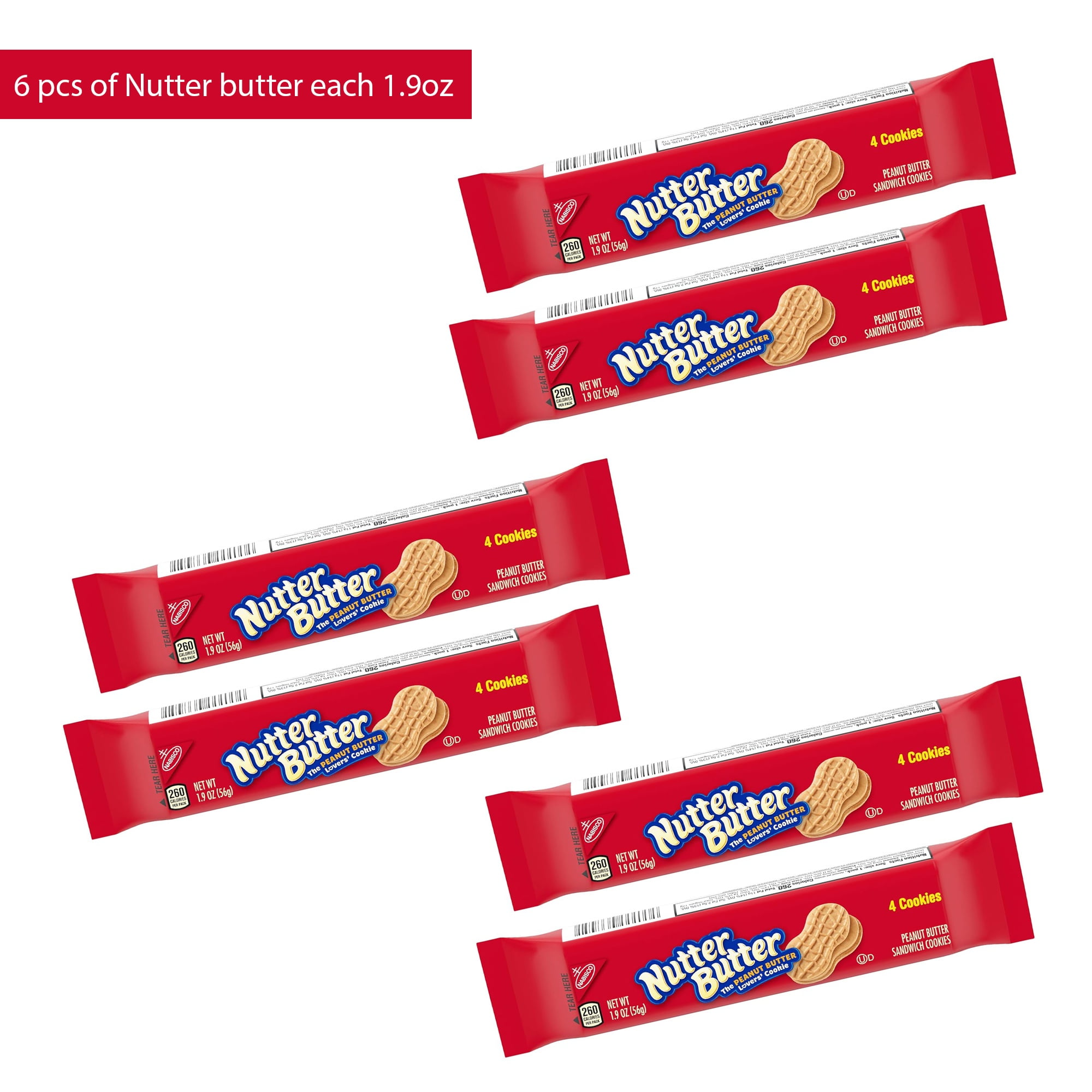 6 Pack Nutter Butter Peanut Butter Sandwich Cookies by Snacks, 1.9 Oz Per Bar