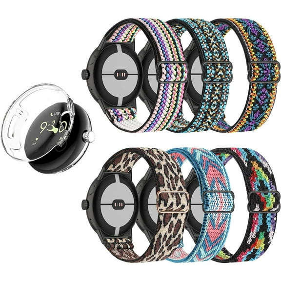 6 Pack Nylon Bands Case Protector for Google Pixel Smart Watch Women and Men,Weave Elastic Wristband Watch Strap Cover Replacement for Google Pixel lte Watch-6 bands+ 1 Case