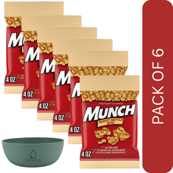 6 Pack Of Munch Peanut Brittle Bites  4oz Gourmet Crunchy Peanut Snack, With Olive Green Bowl By ValueNest