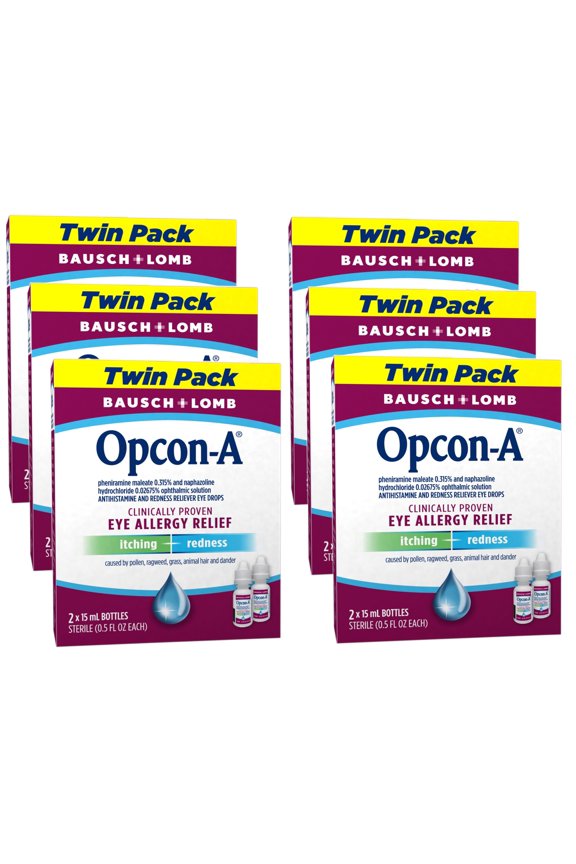6 Pack - Opcon-A Eye Allergy Relief DropsAntihistamine and Redness Reliever Eye Dropsfrom Bausch + Lomb  0.5 FL OZ (15 mL) Twin Pack