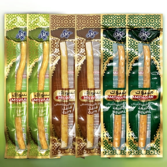 6 Pack Organic Miswak Sticks | Natural Wooden Toothbrushes for Whitening Teeth | Oral Health & Freshening Breath | 3 Flavors (Orig, Clove, Mint)