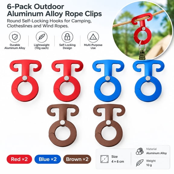 6-Pack Outdoor Aluminum Alloy Rope Clips, Round Self-Locking Hooks for Camping, Clotheslines and Wind Ropes, Red Blue Brown
