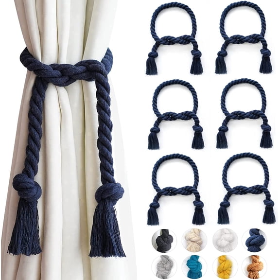 6 Pack Outdoor Curtain Tiebacks Rope, Natural Cotton Curtain Holders, Village Rural Rustic Curtain Holdbacks, Farmhouse Nautical Curtain Rope Tie Back for Drapery Patio, (Navy Blue)