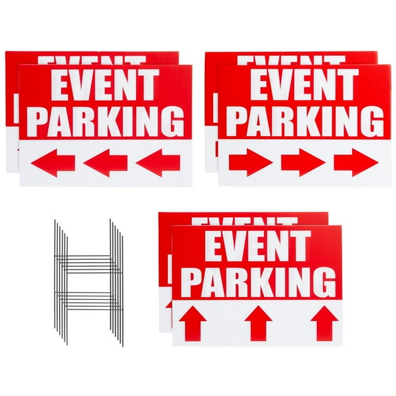Juvale Parking Signs with Arrows - 6-Pack, 12 x 17 in, Red Corrugated Plastic - Event Parking Signs for Outside with Stakes for Concert Traffic Direction