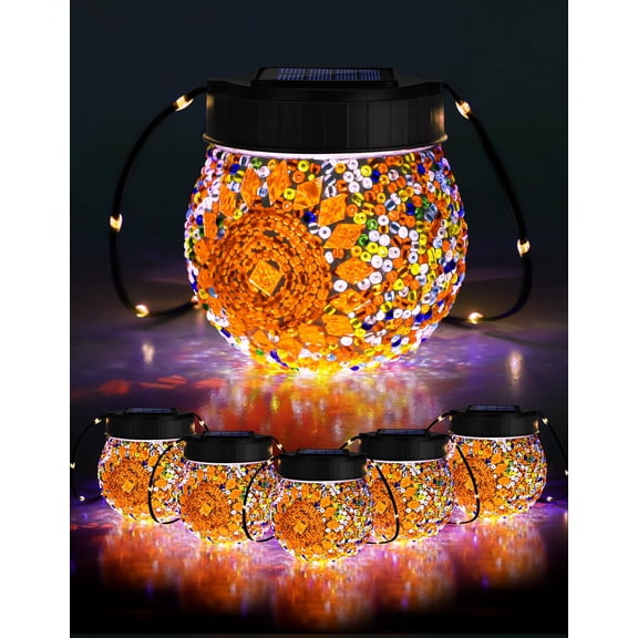 6 Pack Outdoor Mosaic Solar Lights, Solar Hanging Lanterns Christmas Halloween Gifts, Waterproof Glass Globe Lights, Garden Patio Decor for Yard, Tree, Balcony, Warm
