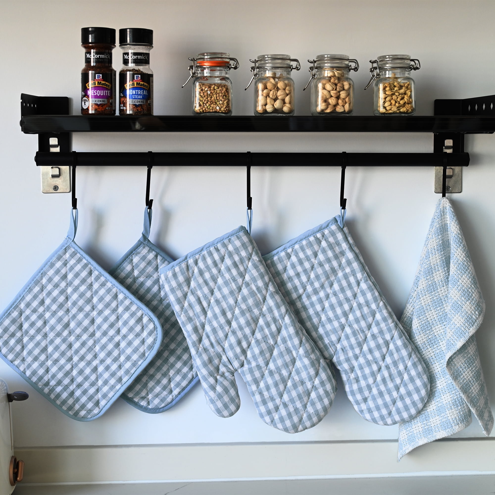 Blue Plaid Cotton Oven Mitts and Pot Holders Set with Towels