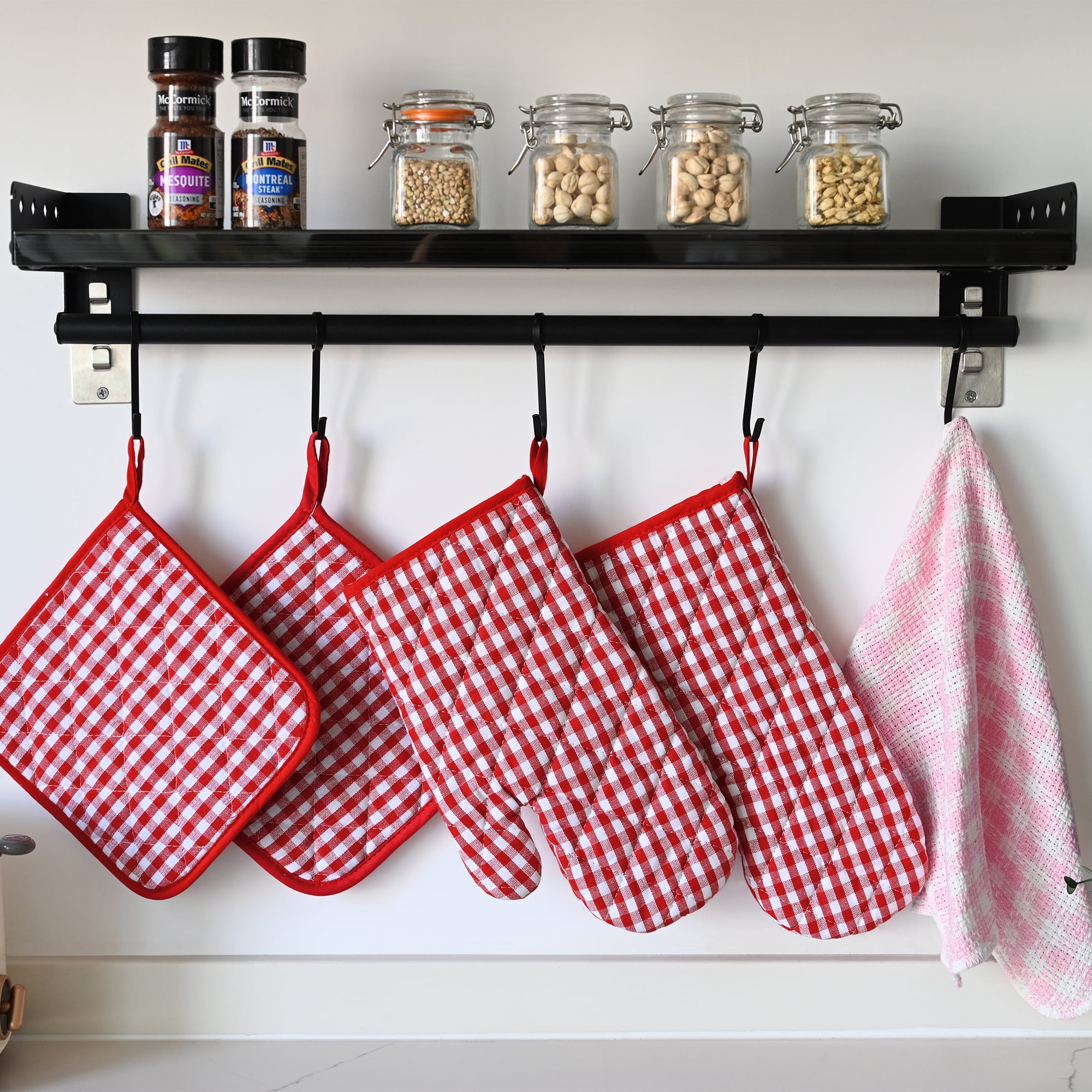 Red Plaid Cotton Oven Mitts and Pot Holders Set, 6 Pieces