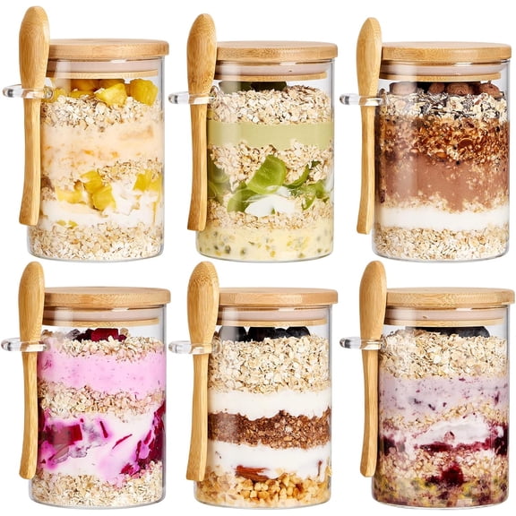 6 Pack Overnight Oats Containers with Bamboo Lids and Spoons - 22 oz Airtight Glass Jars with Lid, Meal Prep Jars for Chia Pudding, Yogurt, Salad, Cereal, Coffee, Flour | Food Storage Canister