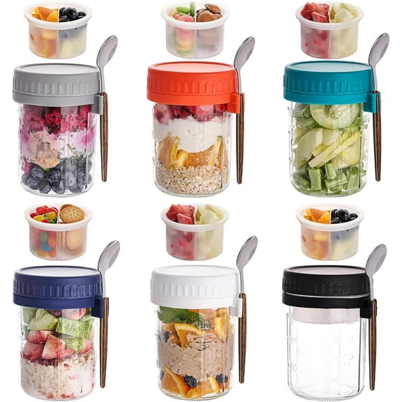 6 Pack Overnight Oats Containers with Lids and Spoons, 16 OZ Glass Mason Jars with Removable Separate Compartments, Airtight Leak Proof Oatmeal Container for Chia Pudding, Yogurt, Breakfast, Cereal