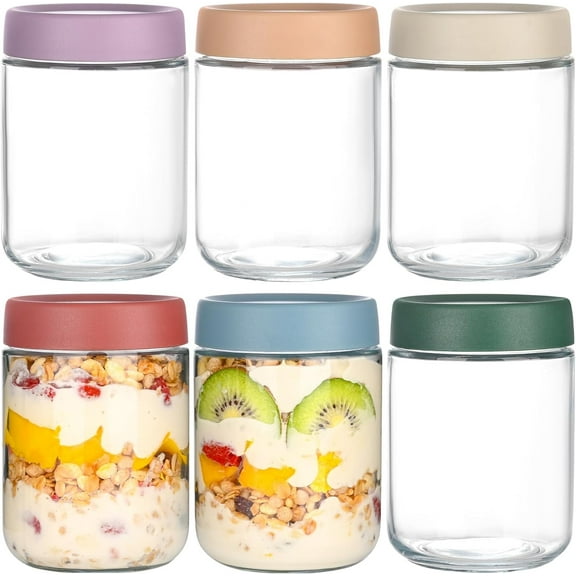 6-Pack Overnight Oats Containers with Lids 16oz Glass Mason Jars Meal Prep Salad Food Cereal Snacks Pudding Yogurt Storage