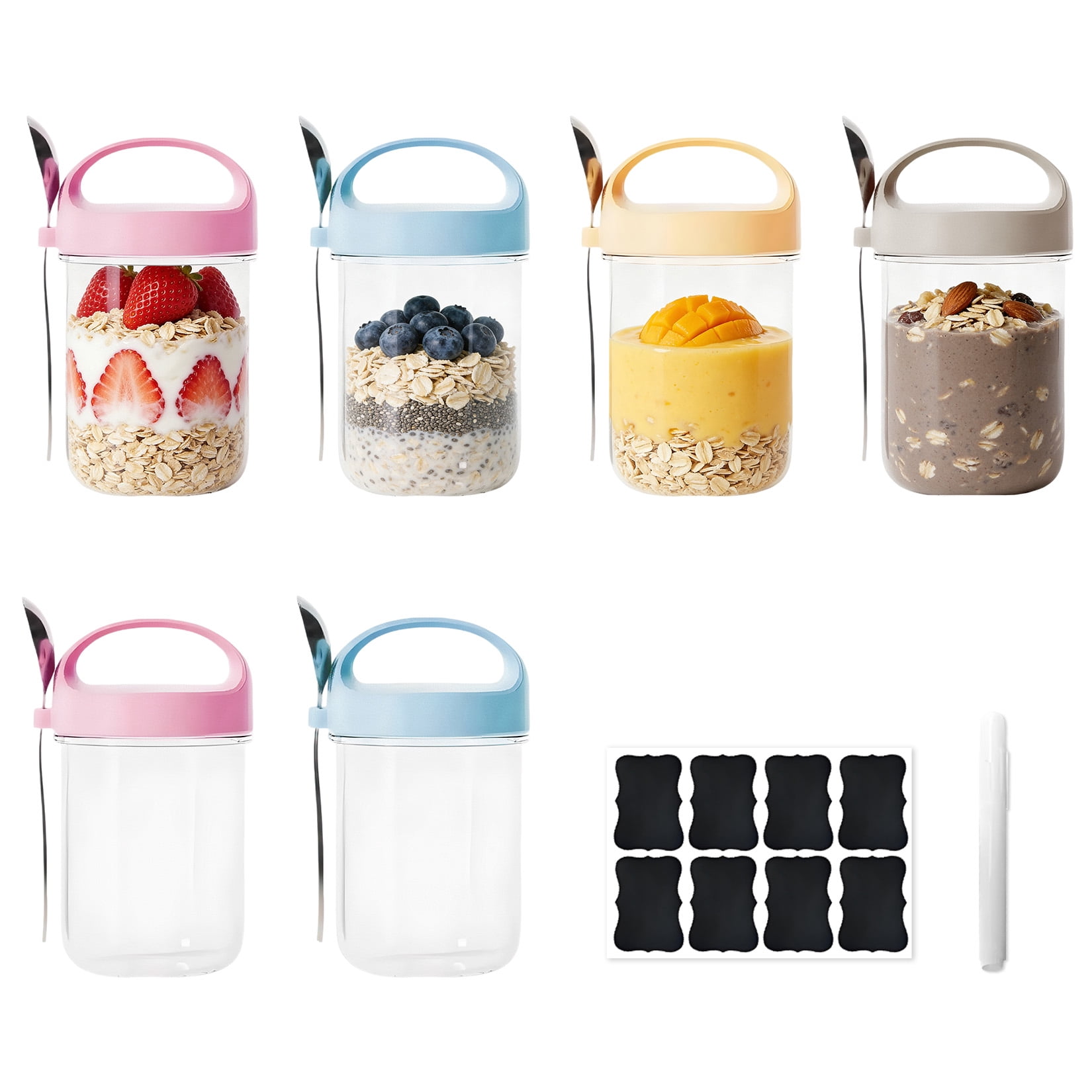 6 Pack Overnight Oats Jars with Lids and Spoons, 13–17 oz Glass Food Storage Containers with Airtight Leakproof Lids, Wide Mouth Mason Jar Cups for Yogurt, Salad, Meal Prep & Breakfast On The Go