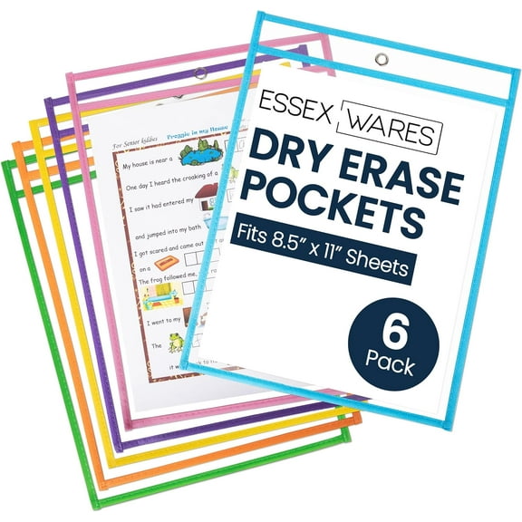 6 Pack Oversized Dry Erase Pockets Sleeves Reusable Ticket Holders, Clear Plastic Sheet Page Protectors, Heavy Duty Work Pockets School Teacher Classroom Office Organization Supplies