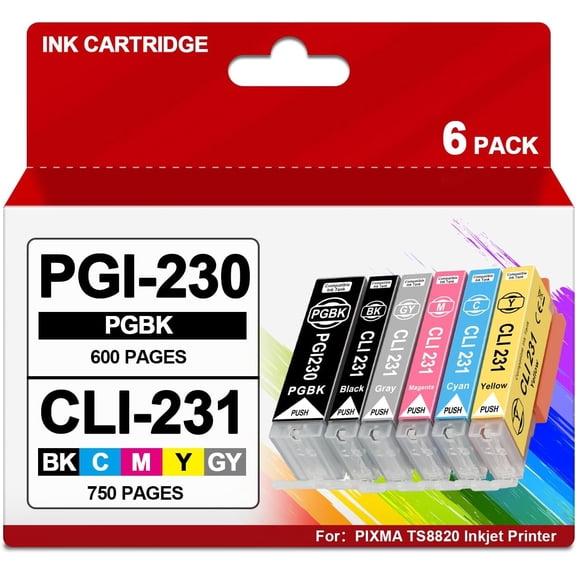 6 Pack PGI-230 CLI-231 XXL High Yield Ink Cartridges Compatible with Canon TS8820 Inkjet Printer Includes PGBK, BK, C, M, Y, GY