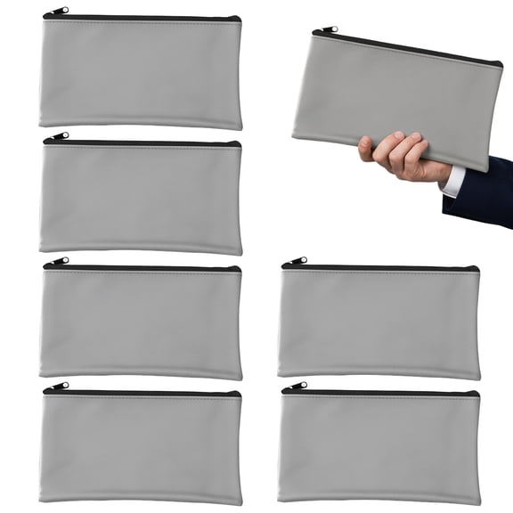 6 Pack PU Leather Money Bags with Zipper, 11x6.1in Bank Deposit Pouches for Cash, Coin, Checks & Cosmetics (Gray)