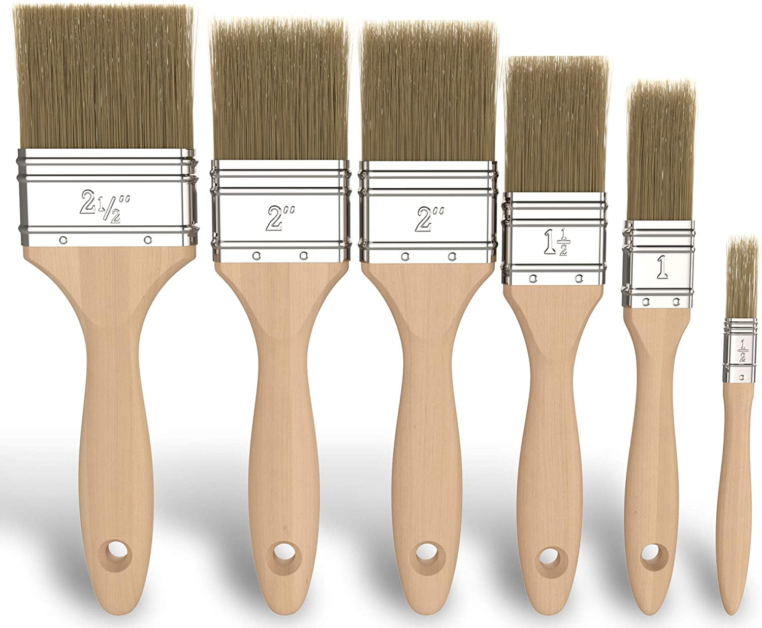 6 Pack Paint Brushes Set [Wood Handle] Brush for Wall Painting & Canvas