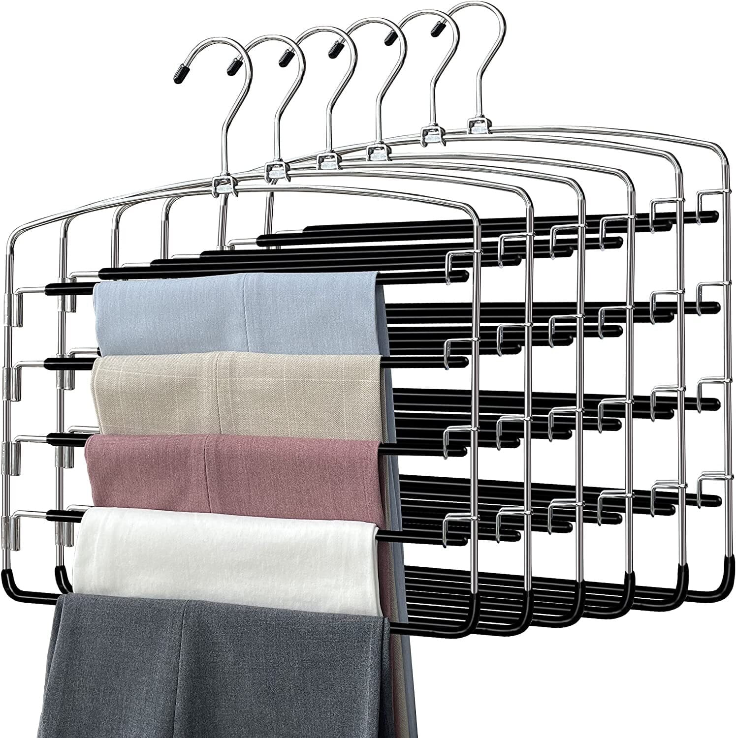6 Pack Pants Hangers Space Saving, 5 Layer Tiered Non-Slip Stainless Steel Pants Hangers, Multi-Tier Pants Organizer Hangers, Swing Arm Space Saver Pants Hangers for Jeans Trousers