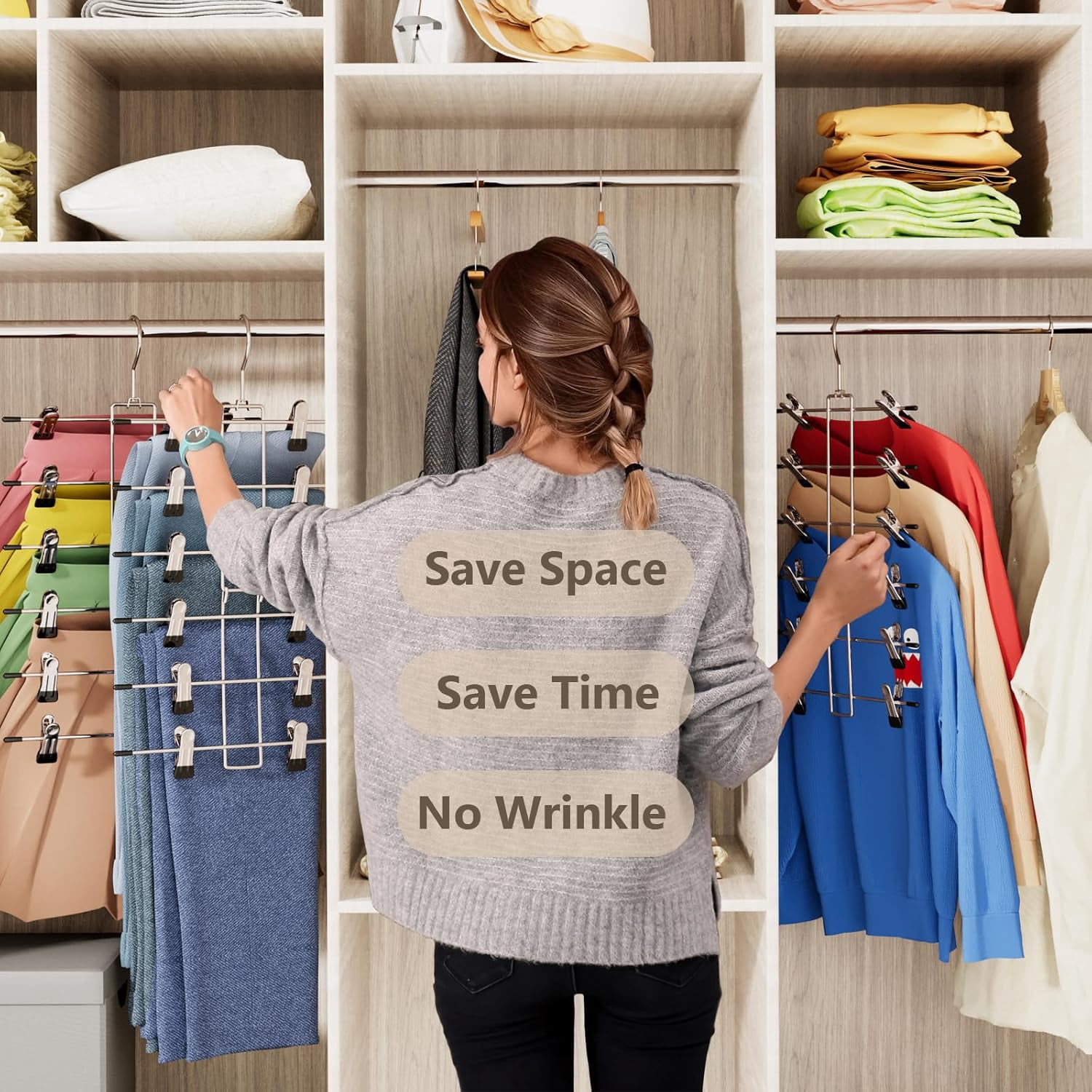 Upgraded Skirt/Pants Hangers With Clips - 6 Pack, Each With 15 Clips, Holds Up To 90 Items, Space-Saving Closet Organizer (Black)