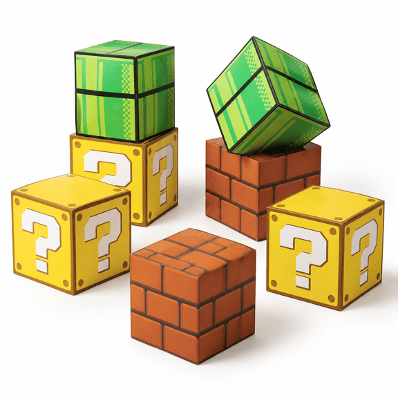 6-Pack Paper Party Favor Boxes, 11.8 Inch Square and Pipe Shapes for Birthday and Game Events