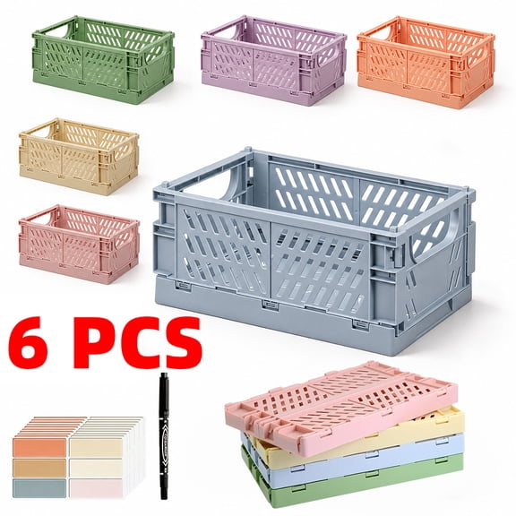 6 Pack Pastel Crates for Storage, Plastic Folding Basket, 10"x6.5"x4.1", Colorful Small Storage Containers for Home Office Kitchen