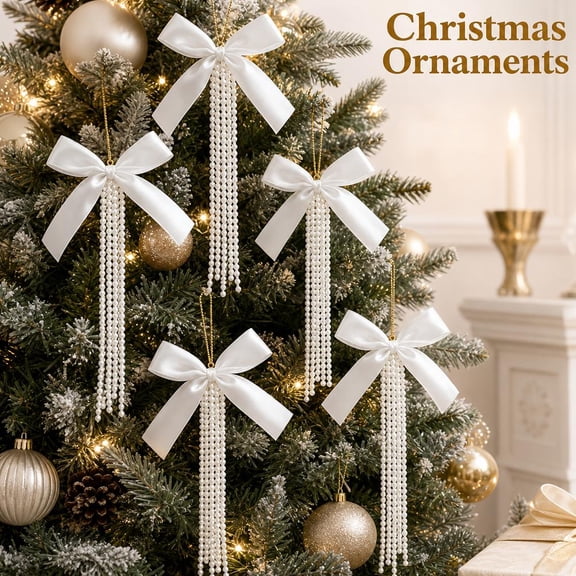 6 Pack Pearl Flocked Velvet Bow Ornaments, 4 x 6 Inch Christmas Tree Hanging Bows for Holiday Wreath Garland Mantel Window Door Wall Party Decor