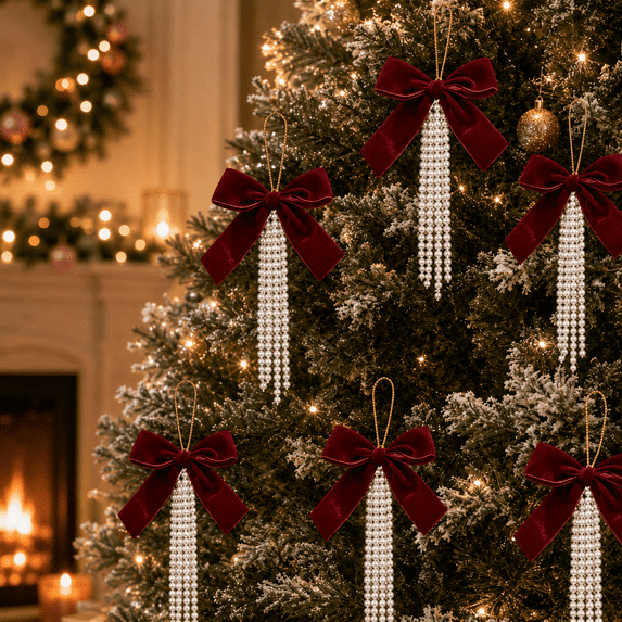 6 Pack Pearl Flocked Velvet Bow Ornaments, 4 x 6 Inch Christmas Tree Hanging Bows for Holiday Wreath Garland Mantel Window Door Wall Party Decor