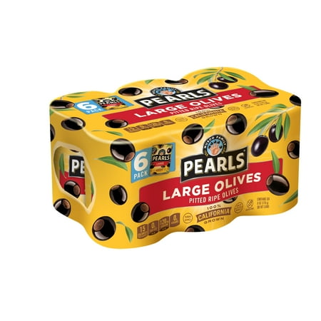6 Pack Pearls Ripe Pitted Large Black Olives, 6 oz Can. Major Allergens Not Contained.