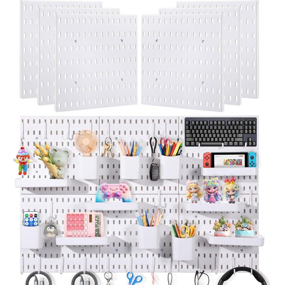 6-Pack PegBoard Wall Organizer, 11"X11" PegBoard, Include 48 Pcs Peg Board Accessories, Multi-Surface Storage Solution For Room, Office, Kitchen, bathroom