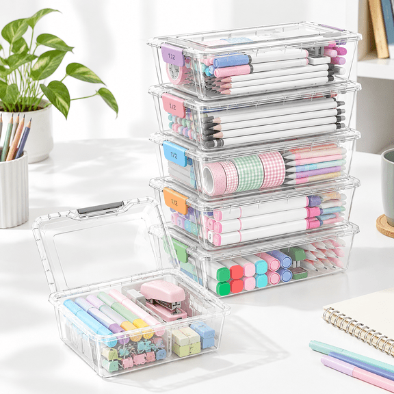 6 Pack Pencil Boxes Extra Large Case Plastic Crayon Pen Box