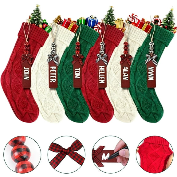 Yalumo 6 Pack Christmas Stockings Personalized with Names Tags, 18 Inch Large Cable Knitted Christmas Stockings, Hanging Christmas Stockings Decoration(Green White Red)