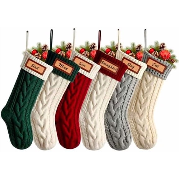 6-Pack Personalized Christmas Stockings, 18 Inch Large Knit Stocking Set with Leather Name Patch for Family, Holiday Party Decor$$Home Decor, Kitchen, & Other