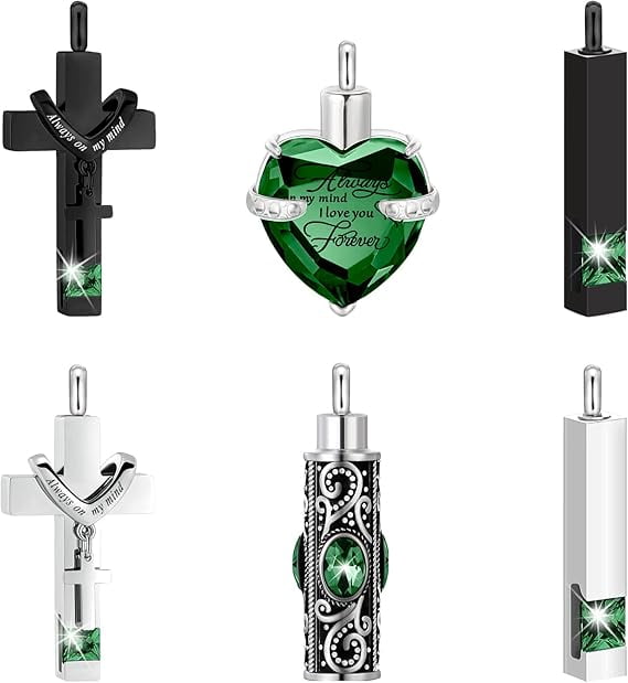 6 Pack Personalized Urn Necklace for Ashes Keepsake Cremation Heart Cross Cubic Jewelry for Ashes Stainless Steel Memorial 6 Styles Urn Necklace