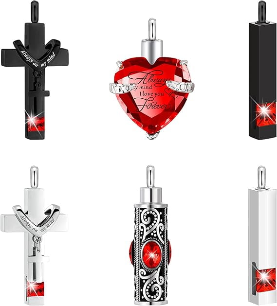 6 Pack Personalized Urn Necklace for Ashes Keepsake Cremation Heart Cross Cubic Jewelry for Ashes Stainless Steel Memorial 6 Styles Urn Necklace