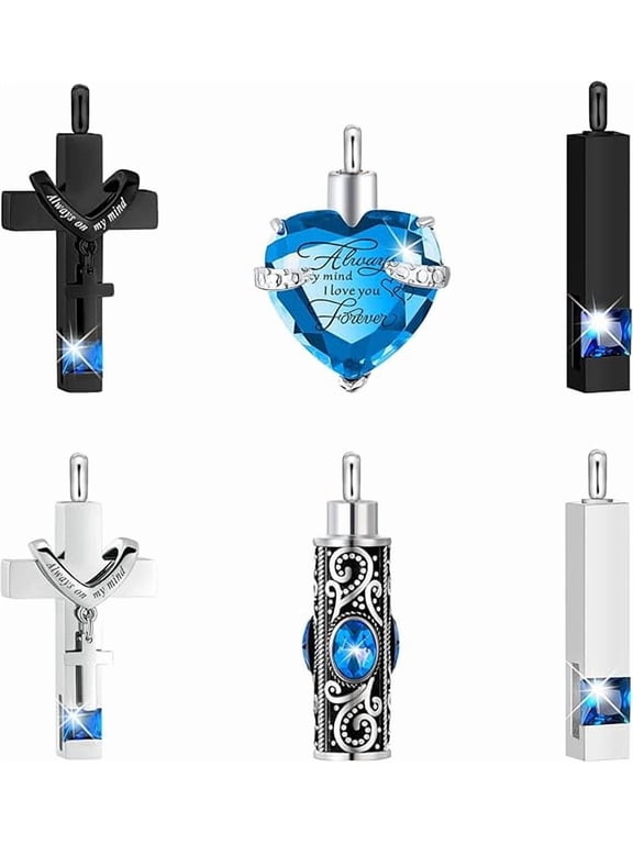 6 Pack Personalized Urn Necklace for Ashes Keepsake Cremation Heart Cross Cubic Jewelry for Ashes Stainless Steel Memorial 6 Styles Urn Necklace