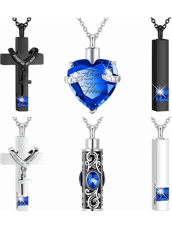 6 Pack Personalized Urn Necklace for Ashes Keepsake Cremation Heart Cross Cubic Jewelry for Ashes Stainless Steel Memorial 6 Styles Urn Necklace