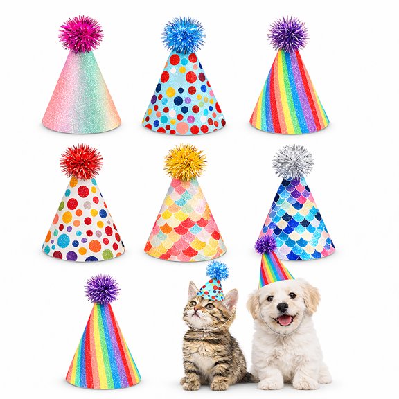 6 Pack Pet Birthday Hats for Cats and Small Dogs, Colorful Party Cone Hats with Pom Poms and Elastic Strap, Cute Pet Party Hats for Birthday Celebration, Photo Props and Festive Dress Up