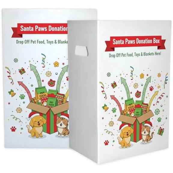 6-Pack Pet Drive Donation Bin - 22.3-Gallon Corrugated Plastic Box with Handles - Collapsible, Durable & Recyclable - Pet Food, Toy & Blanket Collection Box - Santa Paws Design