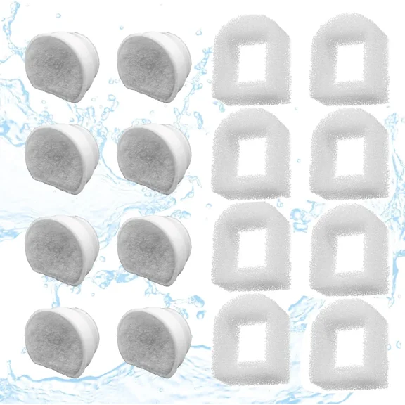 6 Pack Pet Fountain Filter Replacement Kit 8 Carbon Filters and 8 Foam Pre-Filters Compatible with Multiple Pet Water Dispensers Bowls