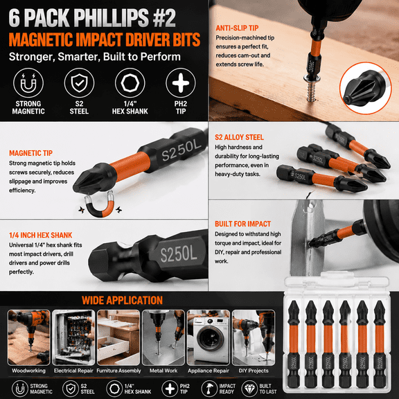 6 Pack Phillips #2 Screwdriver Bits, Magnetic PH2 Impact Driver Bit Set, S2 Steel 1/4 Inch Hex Drill Bits with Anti Slip Tip for Electric Screwdrivers, Power Drills, DIY Repair and Workshop Use