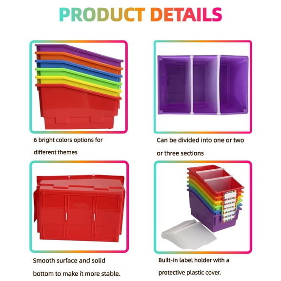 6 Pack Picture Book Organizer Bins with Dividers, Large Plastic Book Holders with Labels, Multi Purpose Classroom Organization Bins Storage Container for Classroom Library (Rainbow)$$Office