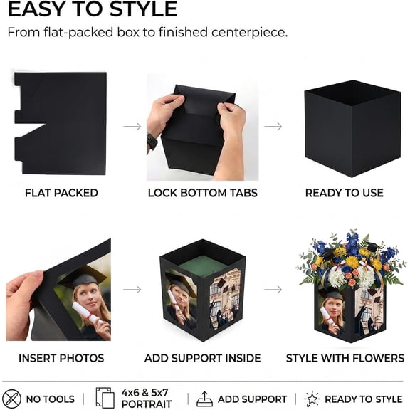 6 Pack Picture Centerpieces for Table, 4-Sided Photo Display Boxes for 4x6 & 5x7 Photos, Foldable Black Cardstock Decor for Graduation, Wedding, Birthday, Memorial