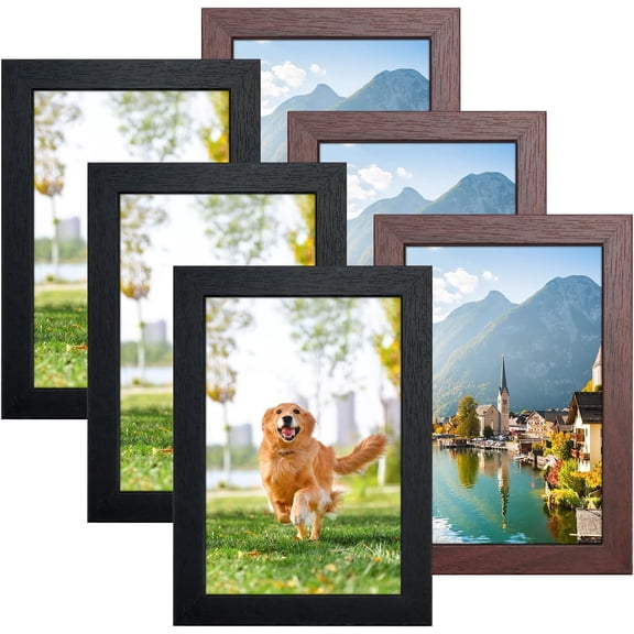 6 Pack Picture Frames, Classic 4x6 Photo Frames for Wall and Table, Solid Wood Frames Matted for 3.5x5/4x6 Inch Pictures, Horizontal and Vertical Display (Black/Brown)