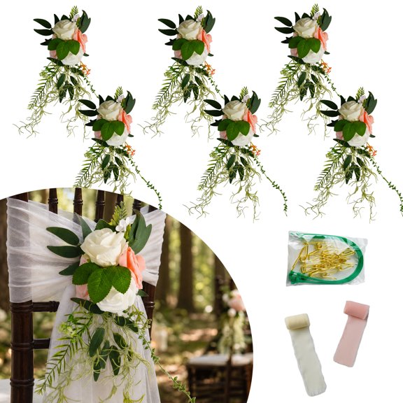 6-Pack Pink Artificial Flower Chair Back Decor, Wedding Aisle Chair Decorations with Ribbons and Fastening Accessories