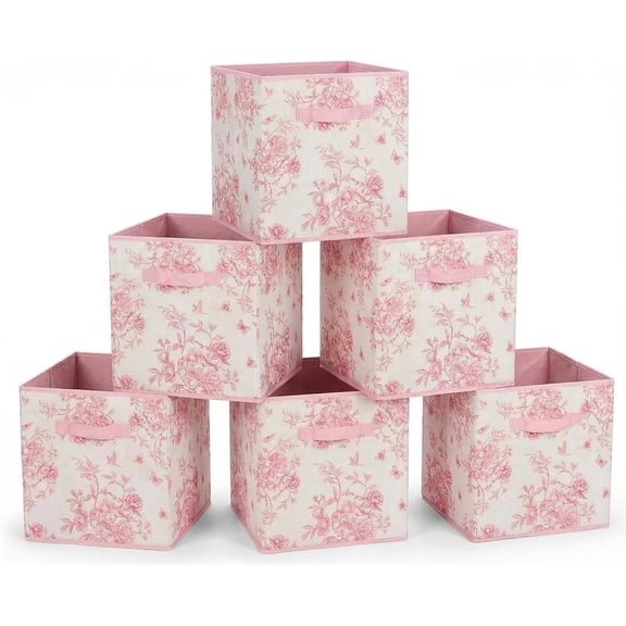 6 Pack Pink Fabric Cube Storage Bins 12.5 Inch, Floral Pattern Organizer Baskets with Handles